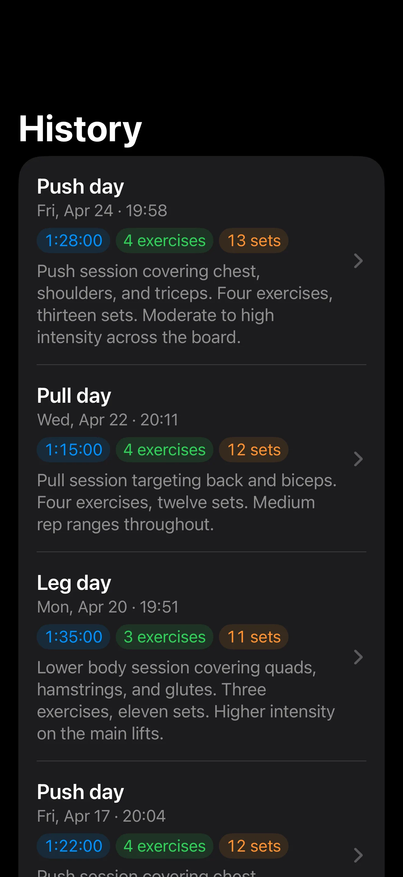 VoxLift History screen